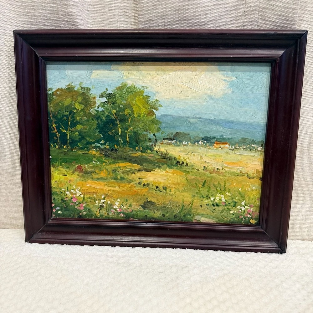 Framed Oil on Canvas Landscape Painting of Countryside with Trees